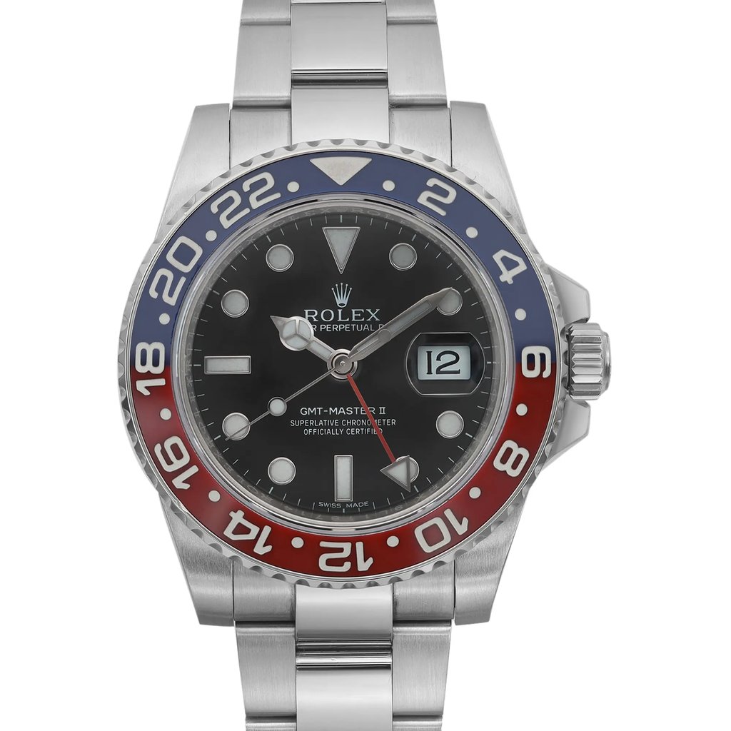 An image of a pre-owned Rolex GMT-Master II men's wristwatch with a front close-up view of the round watch face. The watch is presented at a straight-on angle with a clear view of the black dial and blue and red bezel. It features a white gold band and case. The condition is excellent with possible light scratches from previous use. The dial has round indexes, a 12-hour layout with a date indicator at the 3 o'clock position, and luminous hands. Visible are the distinctive Rolex logo and the words "Superlative Chronometer Officially Certified" on the dial. The watch is positioned centrally in the frame, filling most of the image for detailed viewing.