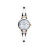 An image of a pre-owned Bulova women's dress/formal wristwatch, presented in a full frontal view. The watch features a round case and a white mother of pearl dial with stick indexes, framed by a steel bezel. It has a stainless steel band with gold-tone accents.