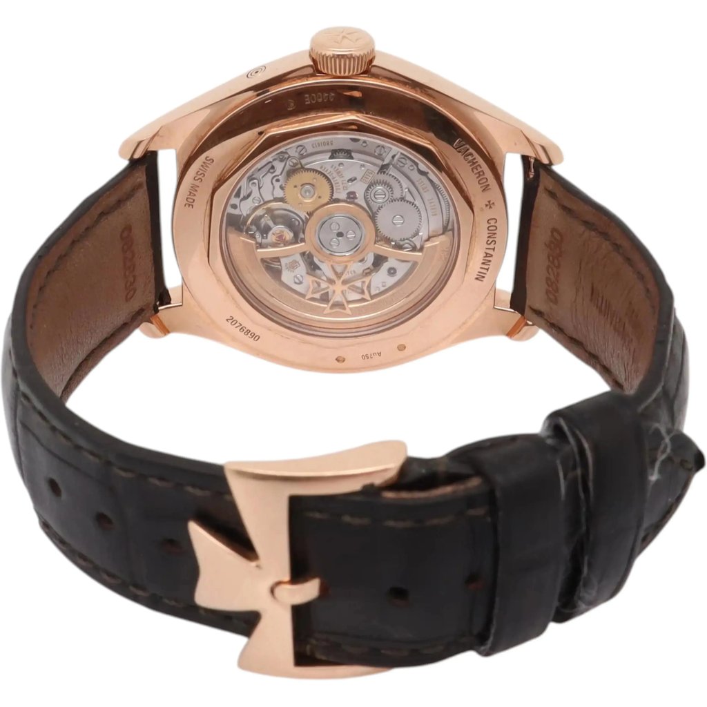 Back View Of Exhibition Back Case And Closed Leather Band Of Vacheron Constantin 4400E/000R-B436 Watch Pre Owned Condition
