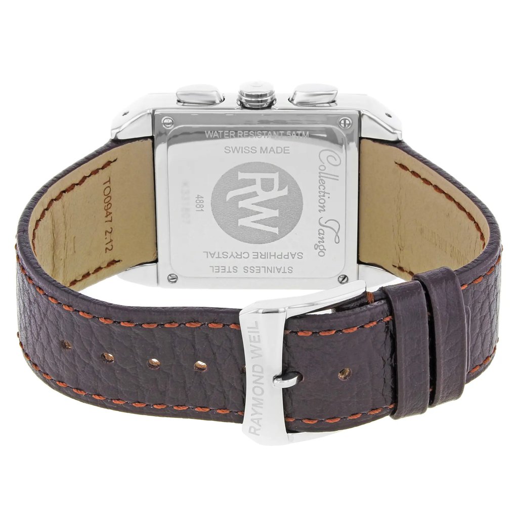 Back View Of {Caseback} Back Case And Closed Leather Band Of RAYMOND WEIL 4881-STC-00809 Watch Display Model Condition