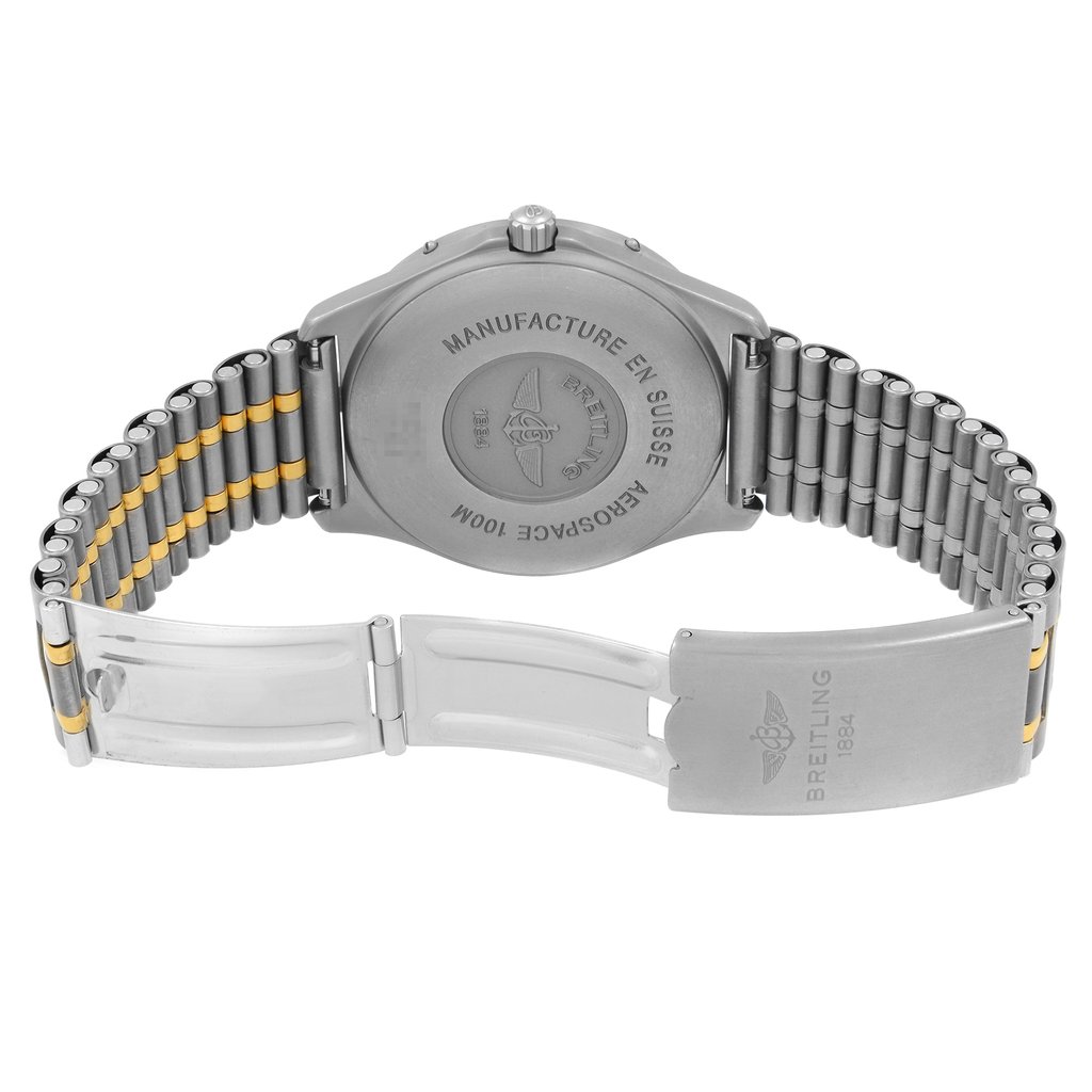 Back View Of Solid Back Case And Open Titanium,Gold Band Of Breitling F56062 Watch Pre Owned Condition