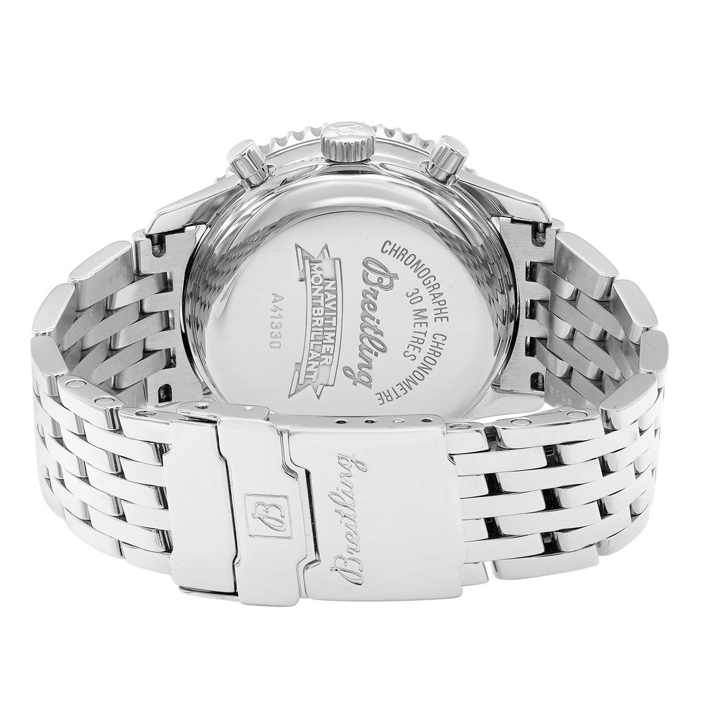 An image of a pre-owned Breitling men's wristwatch, viewed from the back showing the caseback. The watch is positioned at a slight angle, with the top of the watch tilting away from the viewer, and the bracelet curving towards the bottom of the frame. The image is taken from a close distance, capturing the entire backside of the watch and the bracelet's clasp in detail. The caseback is inscribed with the brand's logo and various details, and there are minor signs of wear on the metal surface.