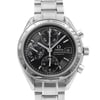 An image of a pre-owned OMEGA Speedmaster Automatic men's sport wristwatch. The front close-up shot shows the watch face at a direct angle and close distance, highlighting a black dial with non-numeric hour marks and stick indices, along with chronograph subdials and a date indicator at the 3 o'clock position. The hands are luminous. A minor dent is visible on the steel bezel. The round stainless steel case and band complete the design, reflecting its good condition despite being previously owned.