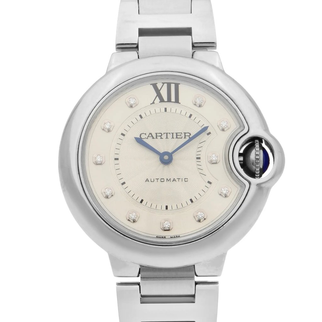 Up Close Front Facing Picture Of Cartier WE902074 Stainless Steel Watch Pre Owned Condition