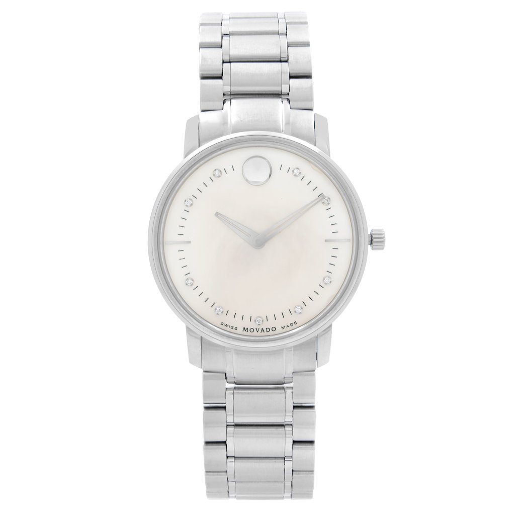 An image of a pre-owned wristwatch taken from a front full frontal view. The watch features a sleek, metallic design with a round face and minimalist markers. The stainless steel bracelet and smooth bezel are clearly visible, with the watch positioned upright and centered in the frame.