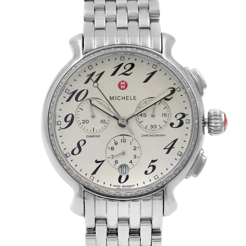 Up Close Front Facing Picture Of MICHELE MWW24A000001 Stainless Steel Watch Pre Owned Condition