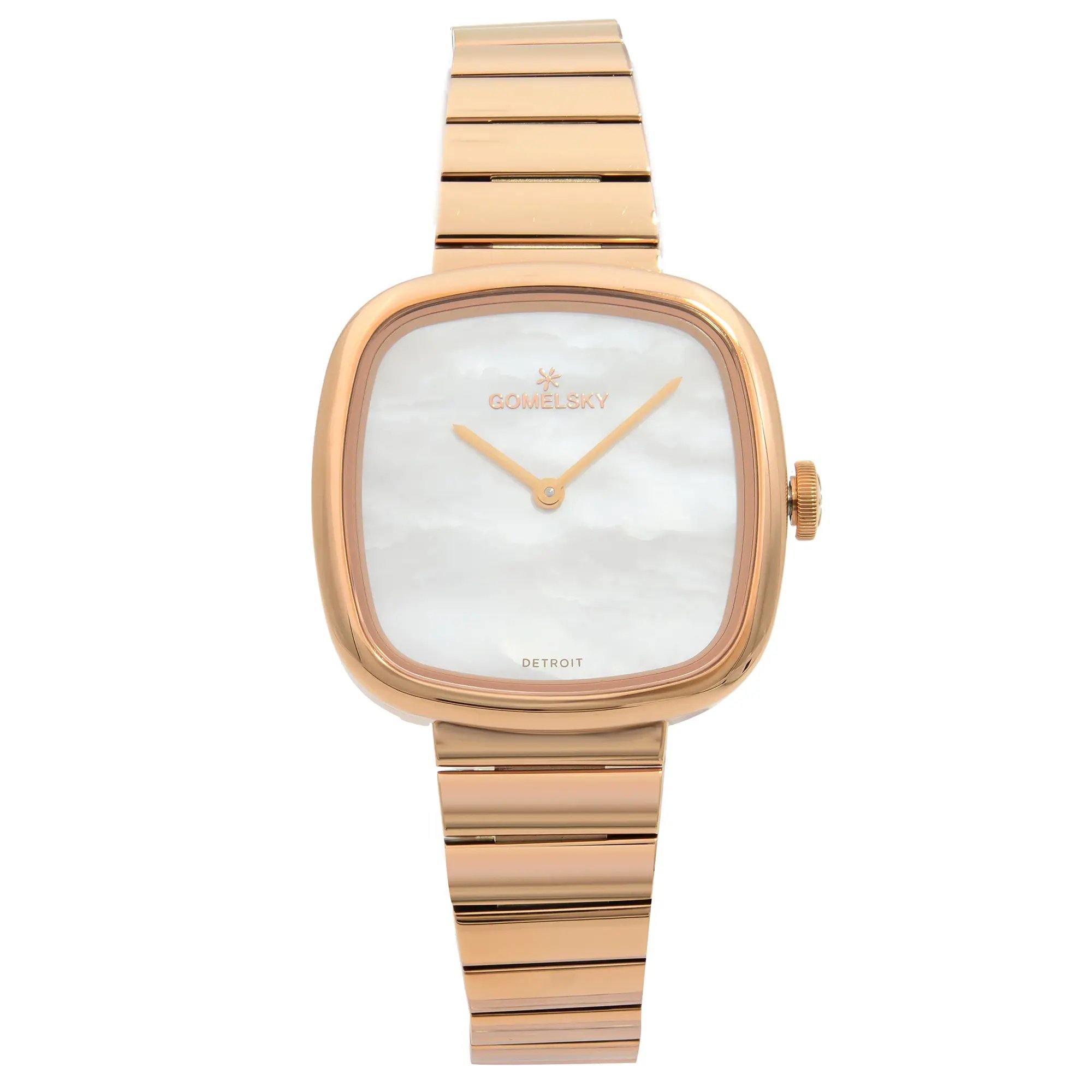 An image of a wristwatch taken from a front full-frontal view. The watch is unworn and features a rose gold-tone case with a square face. The dial has a mother-of-pearl design with simple gold hands. The brand name is displayed on the dial. The watch is positioned upright, with its metal link bracelet extending straight downwards, and the image is taken at a close distance to capture details.