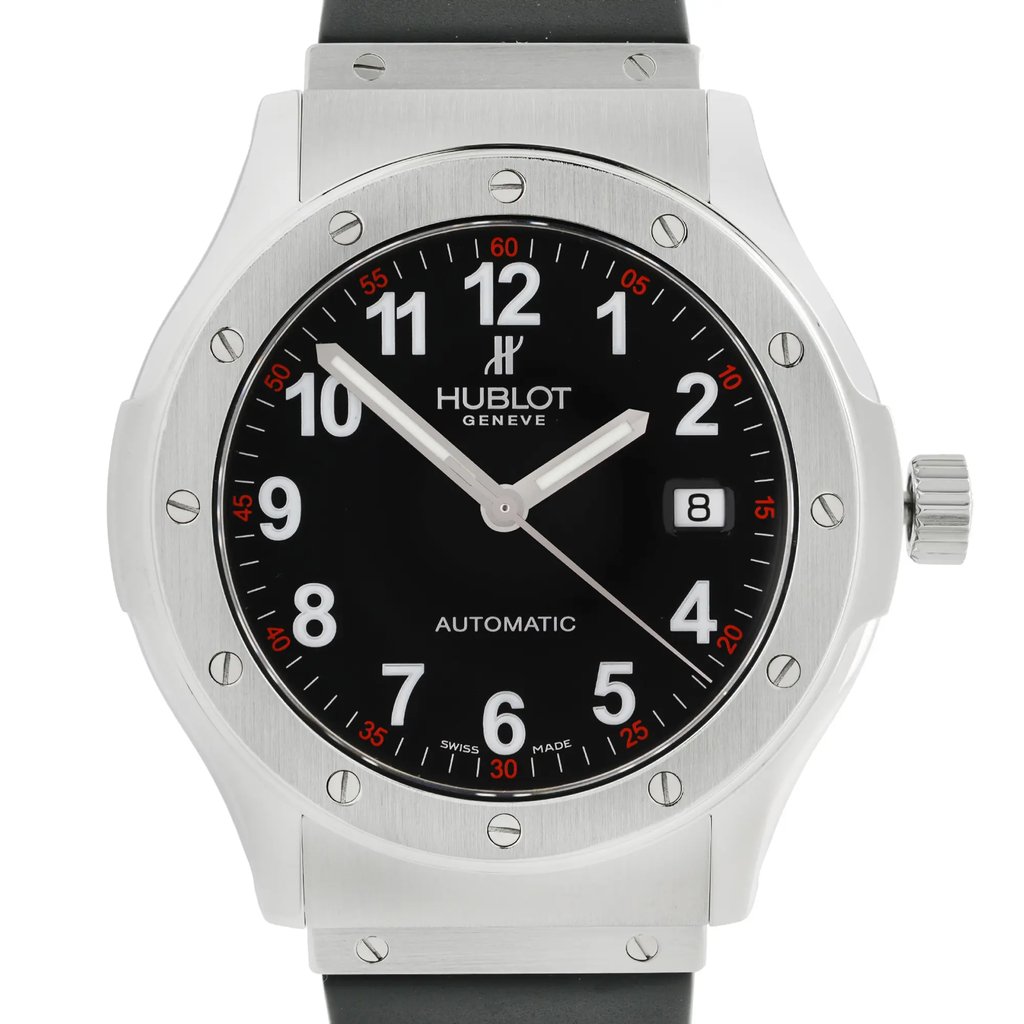 Up Close Front Facing Picture Of Hublot B1915.1 Stainless Steel Watch Pre Owned Condition