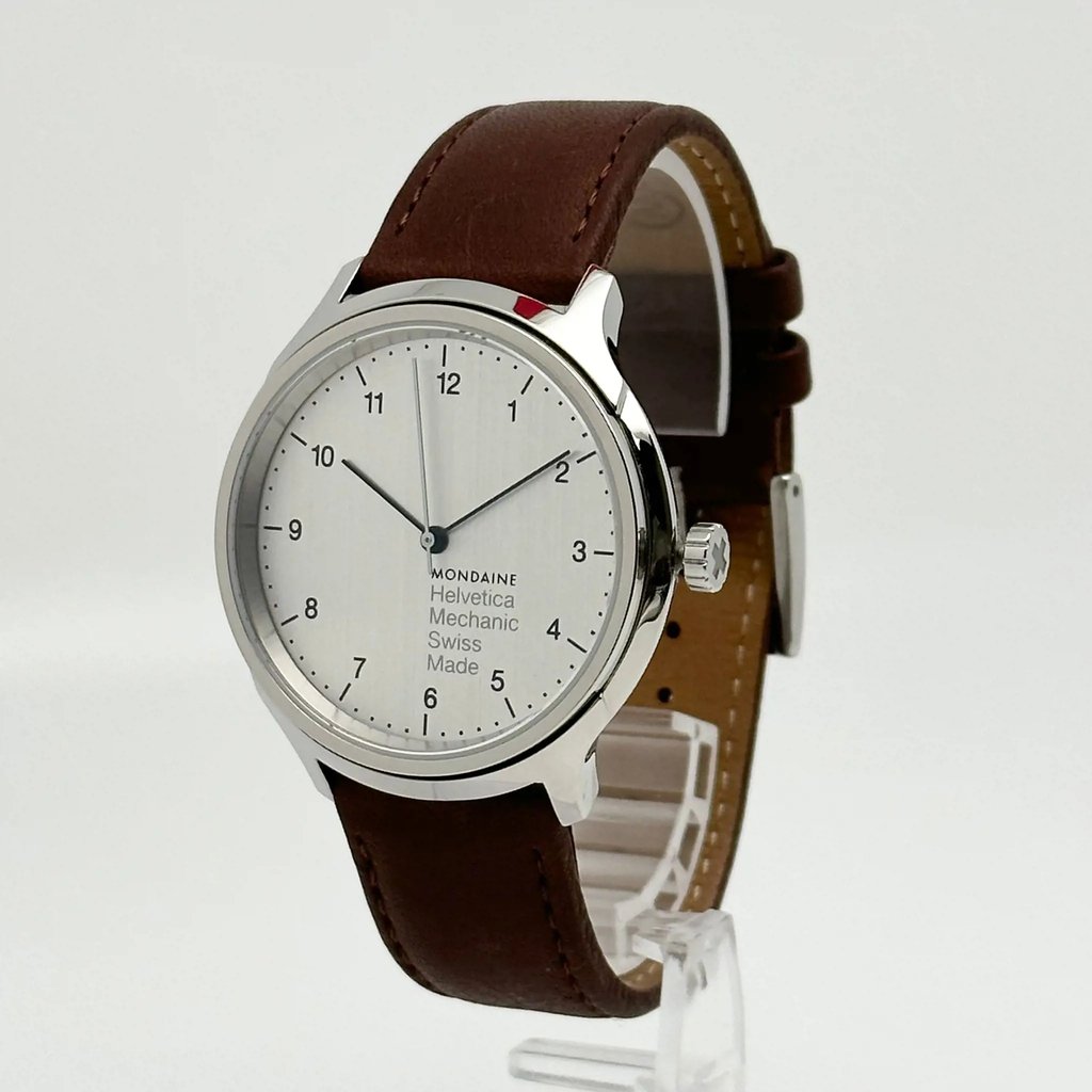 Up Close Front Facing Picture Of Mondaine MH1.R3610.LG Stainless Steel Watch Display Model Condition