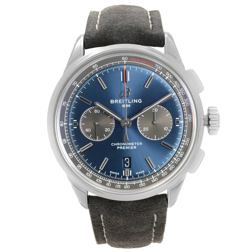 An image of a Breitling men's luxury wristwatch, displayed in full frontal view. The watch features a round stainless steel case and a sunburst blue dial with stick indexes and a 12-hour dial configuration. It includes two sub-dials and a date window at the 6 o'clock position. The bezel is also steel-colored, and the band is made of leather with a visible texture. The watch is positioned centrally in the frame, with a clear view of its face and no obstructions, allowing for a detailed view from a frontal angle at a close distance. The watch is a display model and has never been worn, there may be minor blemishes on the band due to store handling.