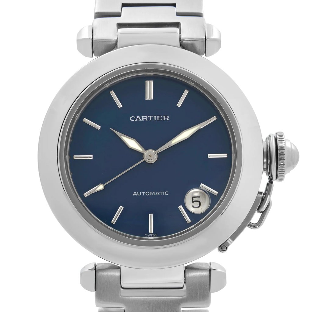 Up Close Front Facing Picture Of Cartier W31014M7 Stainless Steel Watch Pre Owned Condition