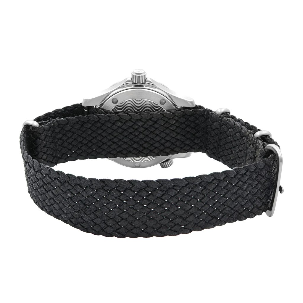Back View Of Solid Back Case And Closed Nylon Band Of OMEGA 2252.50.00 Watch Pre Owned Condition