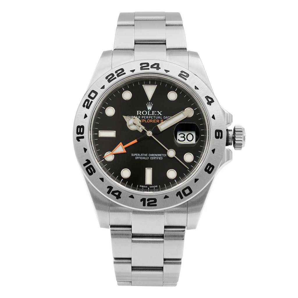 An image of a Wristwatch by Rolex. This Pre Owned item is designed for Men, featuring a Luxury style. It has a Mechanical (Automatic) movement and an Analog display with a Black dial color. The indices include 12-Hour Dial,Non-Numeric Hour Marks. The band is made of Stainless Steel and the case is made of Stainless Steel. The watch has a Round shape with a case size of 42 mm and a case thickness of 13 mm.