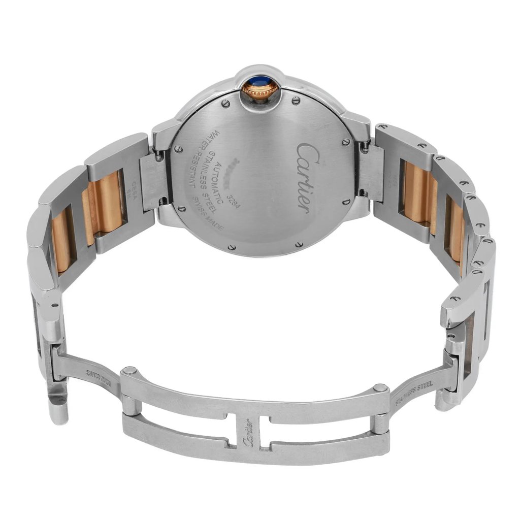 An image of a pre-owned wristwatch, shown from the back view with its clasp open. The watch is positioned upright, displaying its metallic bracelet and the engraved details on the case back. The angle is slightly elevated, offering a clear view of the watch's structure and design from a moderate distance.