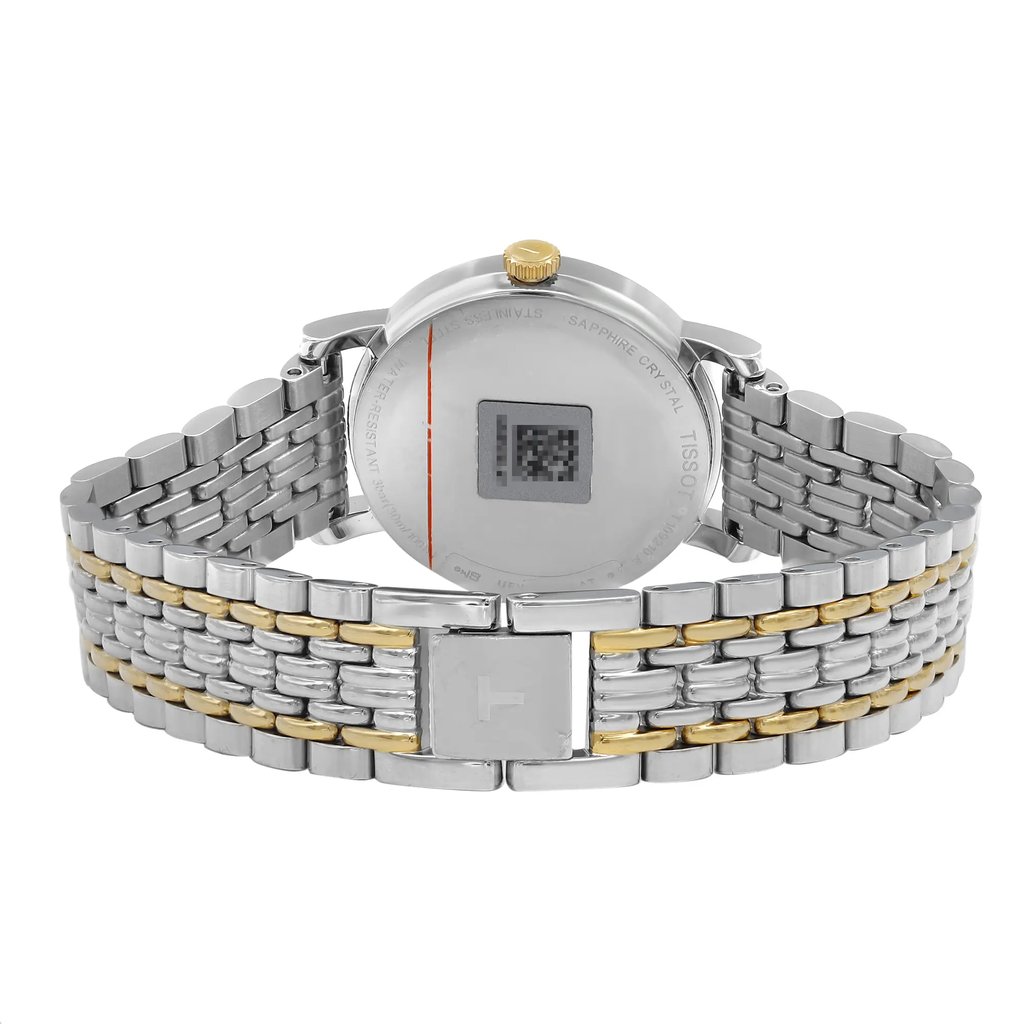 Back View Of Snap Back Case And Closed Stainless Steel Band Of Tissot T109.210.22.031.00 Watch Display Model Condition