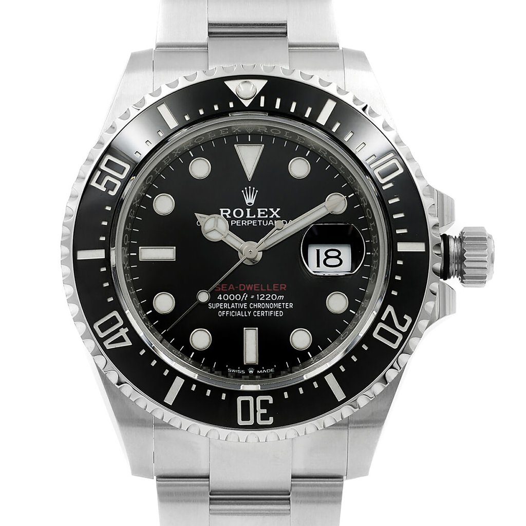 Up Close Front Facing Picture Of Rolex 126600 Stainless Steel Watch Display Model Condition