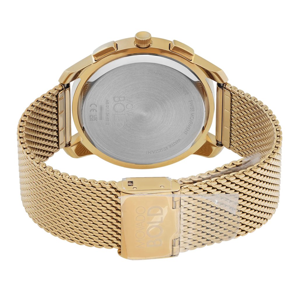 An image of a Wristwatch by Movado. This New With Defects item is designed for Men, featuring a Casual style. It has a Quartz movement and an Analog display with a Gold dial color. The indices include 12-Hour Dial,Multi Dial,Stick Indexes. The band is made of Stainless Steel and the case is made of Stainless Steel. The watch has a Round shape with a case size of 42 mm and a case thickness of 10 mm.