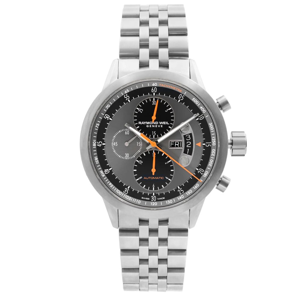 An image of a Wristwatch by RAYMOND WEIL. This Pre Owned item is designed for Men, featuring a Dress/Formal style. It has a Mechanical (Automatic) movement and an Analog display with a Gray dial color. The indices include 12-Hour Dial,Arabic Numerals,Multi Dial,Multiple Hands,Seconds Hand. The band is made of Titanium and the case is made of Titanium. The watch has a Round shape with a case size of 45 mm and a case thickness of 14 mm.