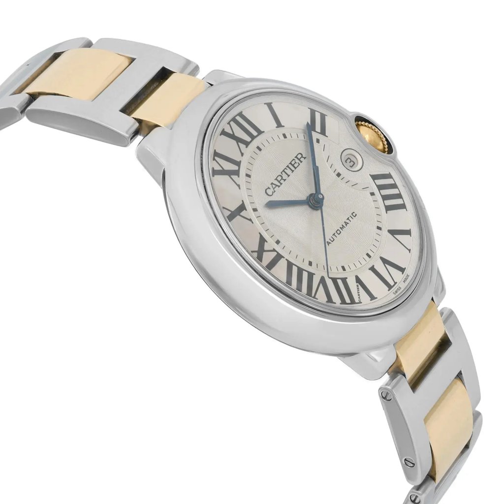 An image of a pre-owned wristwatch taken from a side profile view opposite the crown. The watch features a two-tone metal bracelet with alternating silver and gold links. The face has Roman numerals and elegant blue hands. The distance is close enough to capture the watch's details clearly.
