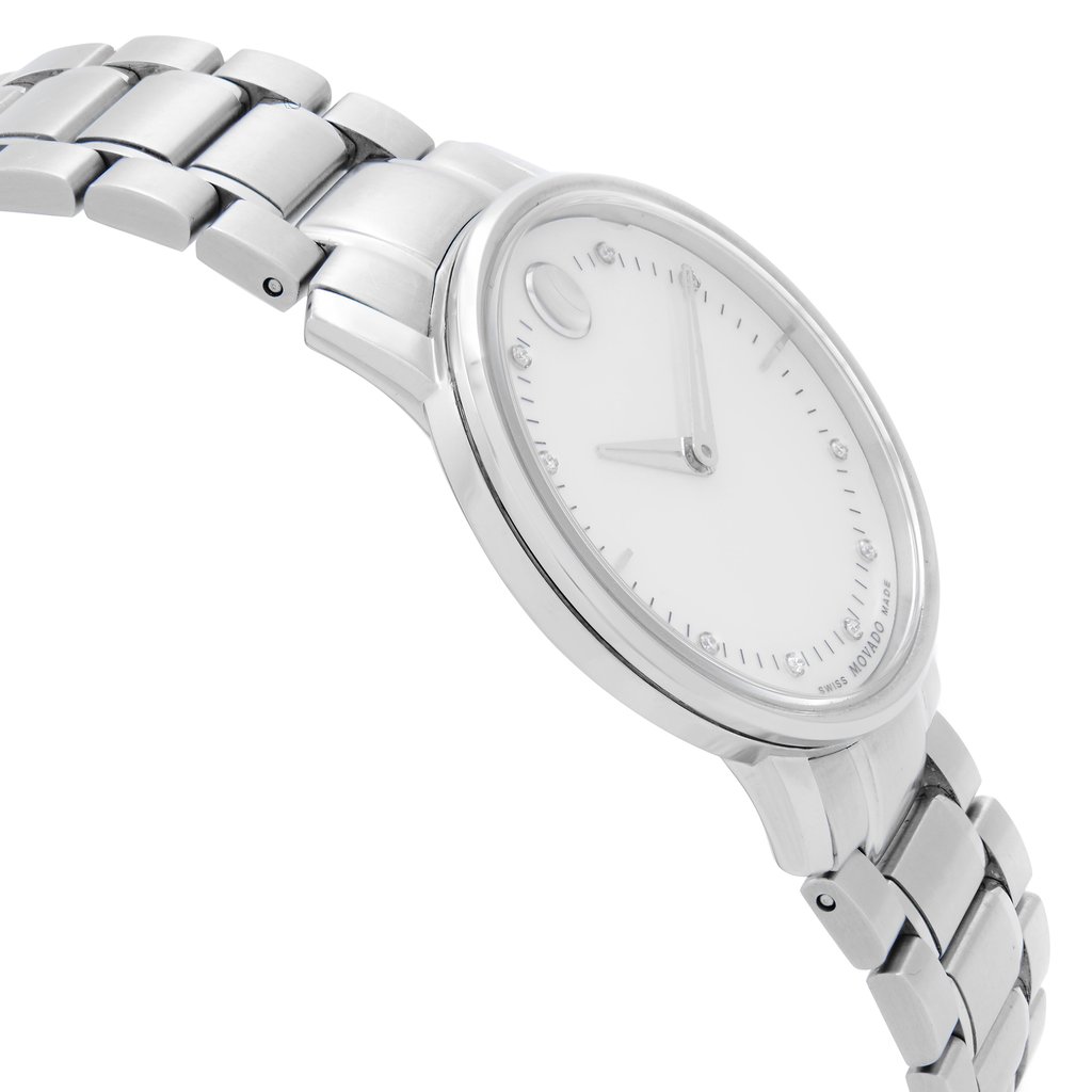 An image of a pre-owned wristwatch taken from a side profile view, opposite the crown. The watch features a silver metallic band and a minimalist white face with no visible brand markings. The angle shows the watch slightly tilted upward, capturing the sleek design and polished finish from a close distance.