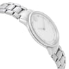 An image of a pre-owned wristwatch taken from a side profile view, opposite the crown. The watch features a silver metallic band and a minimalist white face with no visible brand markings. The angle shows the watch slightly tilted upward, capturing the sleek design and polished finish from a close distance.