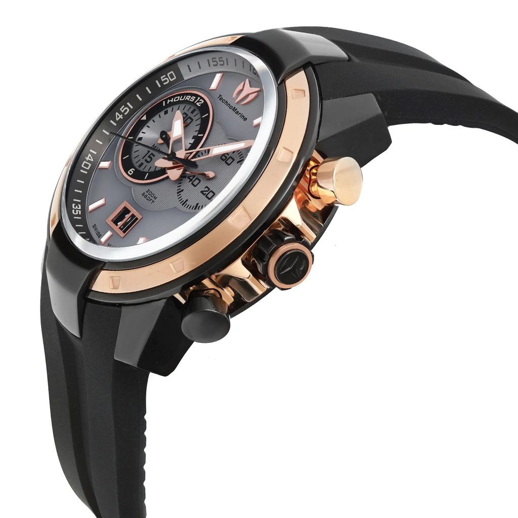 An image of a Wristwatch by TechnoMarine. This Pre Owned item is designed for Men, featuring a Sport style. It has a Quartz movement and an Analog display with a Gray dial color. The indices include 12-Hour Dial,Multi Dial. The band is made of Rubber and the case is made of Stainless Steel. The watch has a Round shape with a case size of 45 mm and a case thickness of 15 mm.
