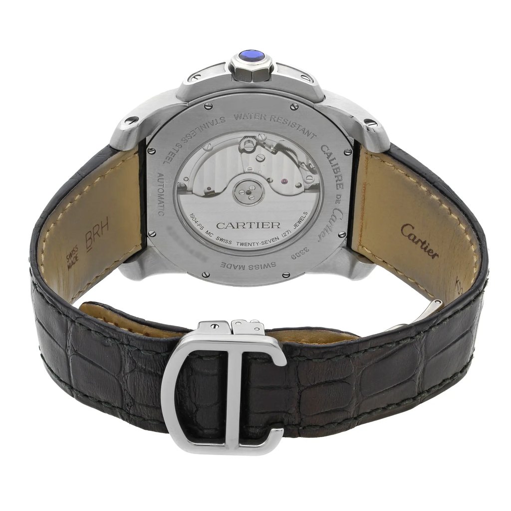 Back View Of {Caseback} Back Case And Closed Leather Band Of Cartier W7100037 Watch Pre Owned Condition