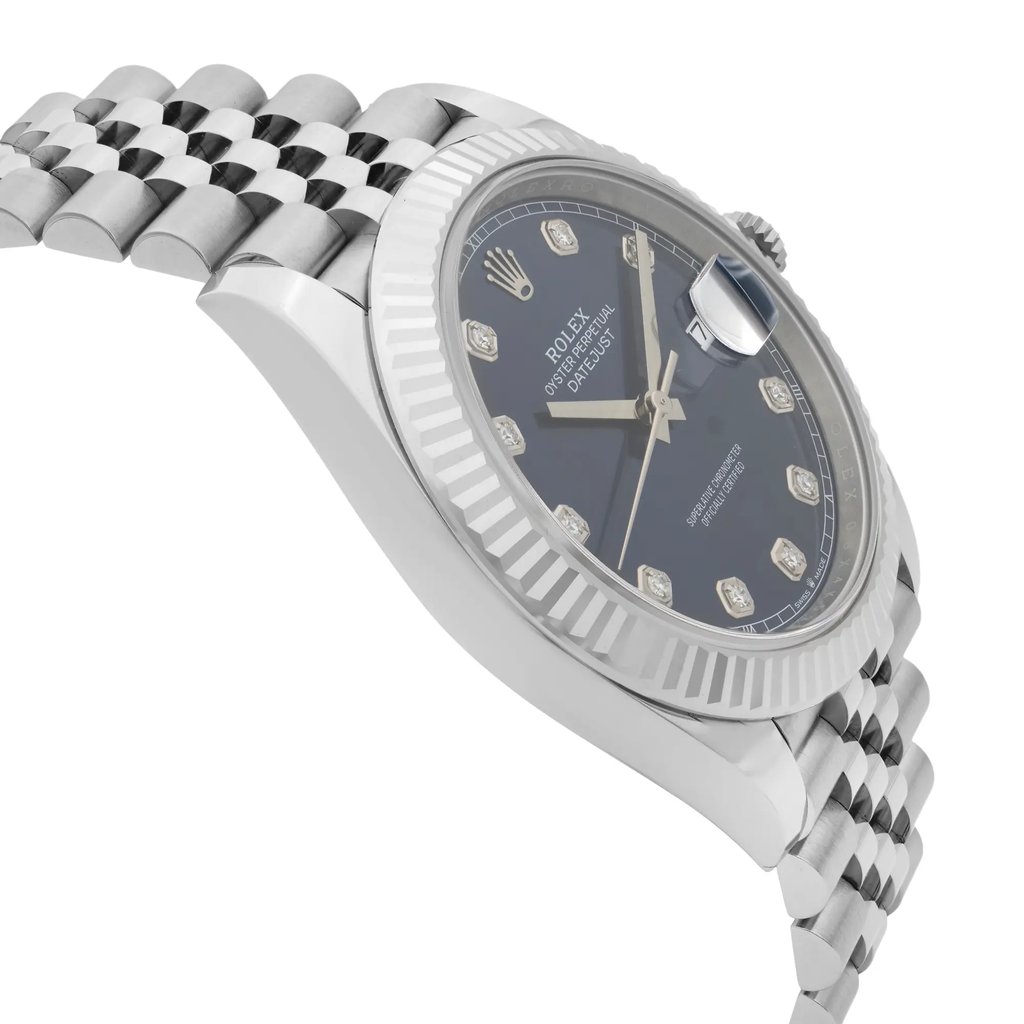View Of Opposite Crown Facing Side Of Rolex 126334BLDJ Stainless Steel Watch Display Model Condition