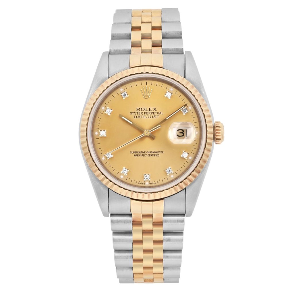 An image of a pre-owned men's Rolex Datejust 36mm 18K Gold Steel Champagne Diamond Watch 16233G displayed from a front-facing angle at a close distance. The watch features a two-tone metal band with a gold and steel color scheme. The face of the watch is gold with diamond hour markers and includes a date indicator at the 3 o'clock position. The bezel is fluted, adding to the classic design. Comes with original box and papers dated 1995.