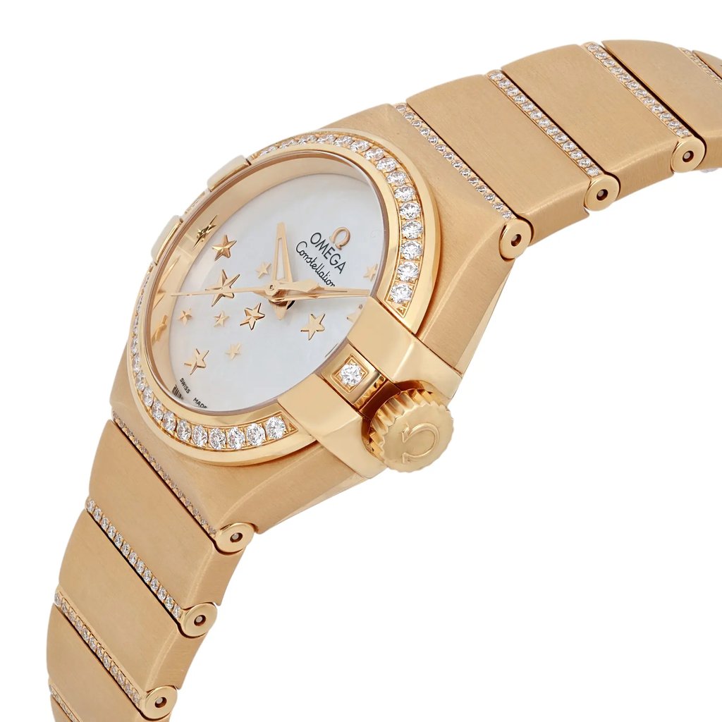 View Of Crown Facing Side Of OMEGA 123.55.27.20.05.002 Yellow Gold Watch Display Model Condition