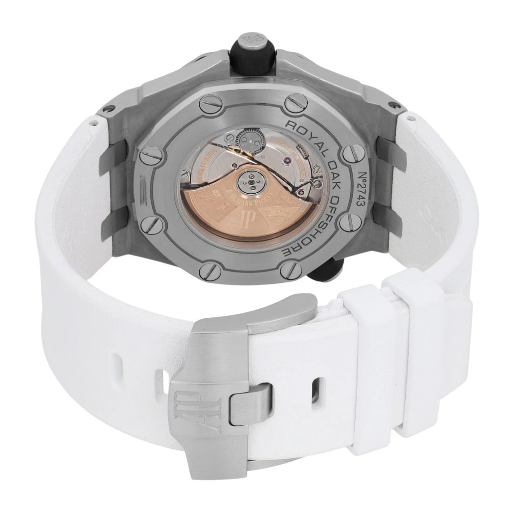 Back View Of Exhibition Back Case And Closed Rubber Band Of Audemars Piguet 15710ST  Watch Pre Owned Condition
