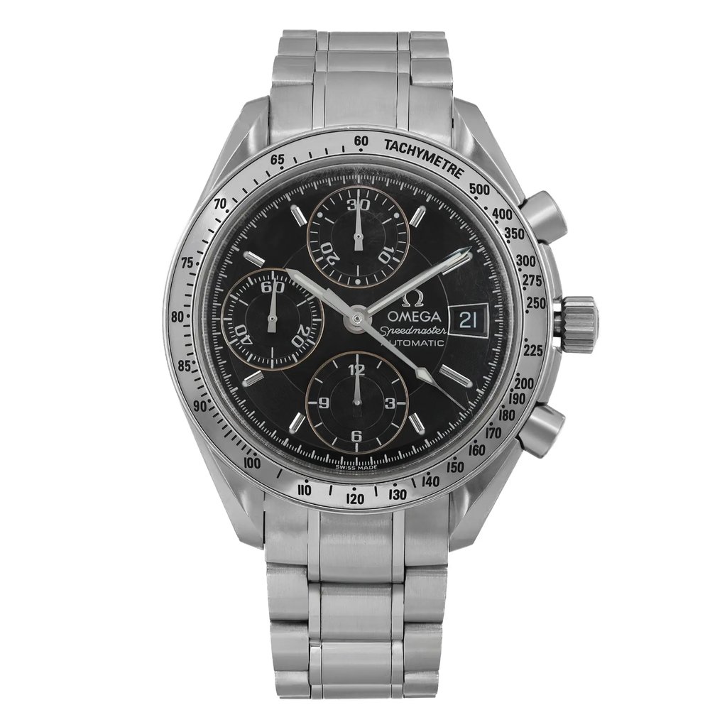 An image of a pre-owned wristwatch displayed from a front full frontal view. The watch features a stainless steel band and a black dial with multiple subdials. It is positioned centrally and captured at close range, allowing a clear view of the details, including the tachymeter scale on the bezel and the brand name on the face.