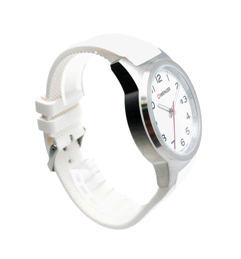 View Of Opposite Crown Facing Side Of Wenger 01.0441.147 Stainless Steel Watch Display Model Condition