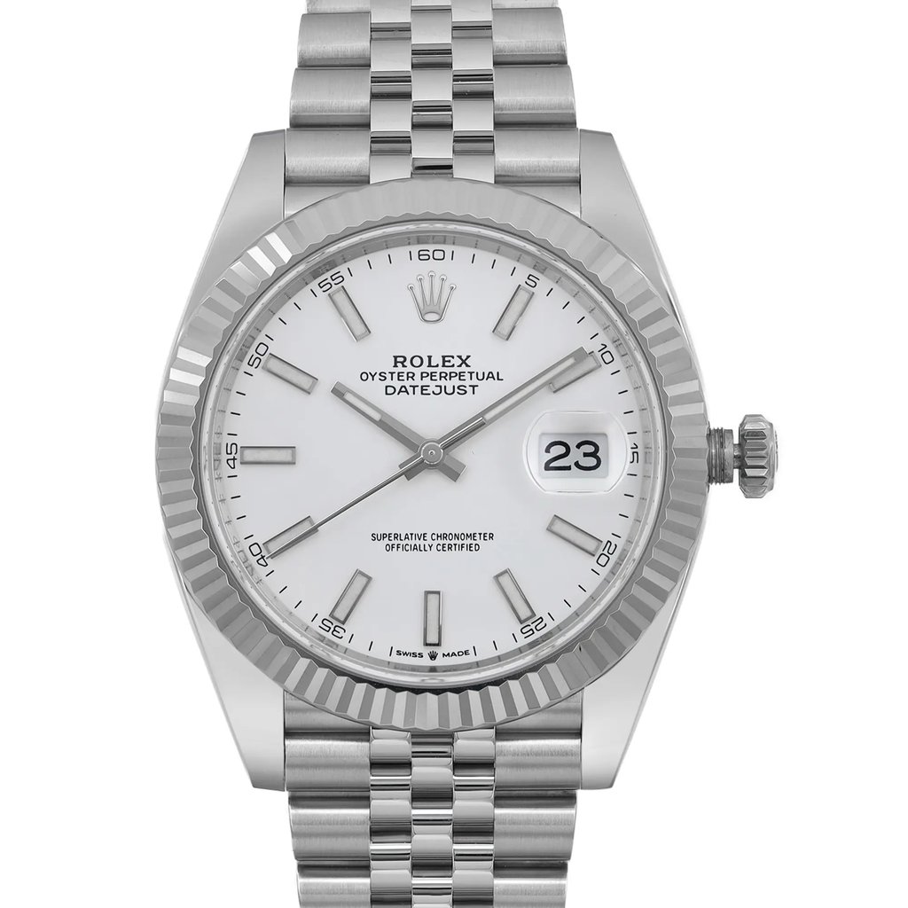 An image of an unworn Rolex Oyster Perpetual Datejust men's wristwatch, presented in a front close-up view highlighting the watch face. The watch has a white dial with stick indexes and luminous hands, framed by a white gold bezel. A date indicator is visible at the 3 o'clock position. The case and band are made of stainless steel, with the band featuring a three-piece link design. The watch's round shape is shown head-on, with the image taken from a short distance to capture fine details while maintaining the watch's excellent condition.