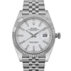 An image of an unworn Rolex Oyster Perpetual Datejust men's wristwatch, presented in a front close-up view highlighting the watch face. The watch has a white dial with stick indexes and luminous hands, framed by a white gold bezel. A date indicator is visible at the 3 o'clock position. The case and band are made of stainless steel, with the band featuring a three-piece link design. The watch's round shape is shown head-on, with the image taken from a short distance to capture fine details while maintaining the watch's excellent condition.