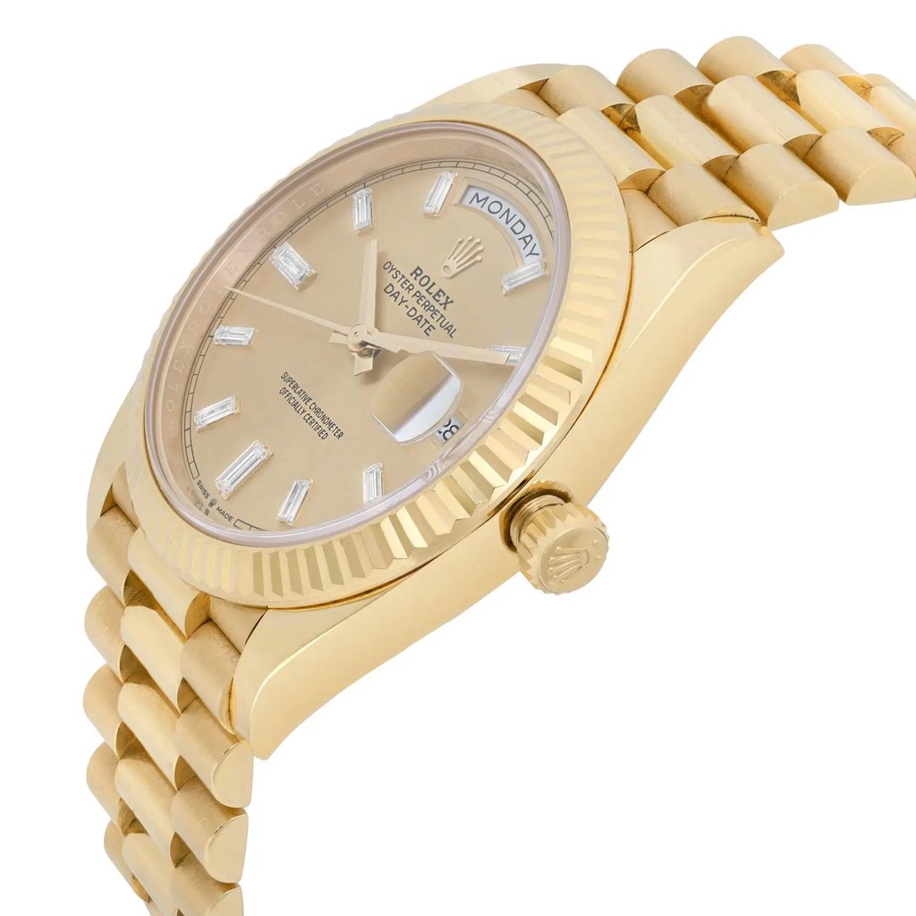 View Of Crown Facing Side Of Rolex 228238 Yellow Gold Watch Pre Owned Condition