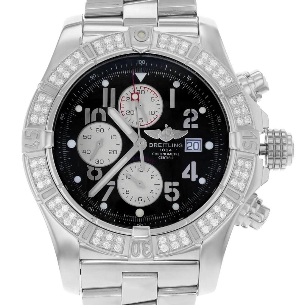 Up Close Front Facing Picture Of Breitling A1337053/B973-135A Stainless Steel Watch Display Model Condition