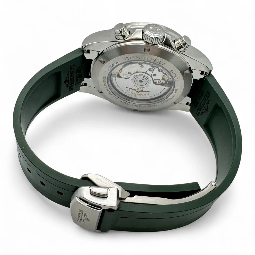Back View Of Exhibition Back Case And Open Rubber Band Of Longines L3.835.4.02.9 Watch Unworn Condition