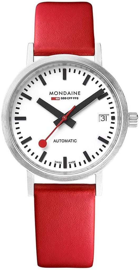 An image of a Wristwatch by Mondaine. This Display Model item is designed for Women, featuring a Casual style. It has a Mechanical (Automatic) movement and an Analog display with a White dial color. The indices include 12-Hour Dial,Non-Numeric Hour Marks,Stick Indexes. The band is made of Leather and the case is made of Stainless Steel. The watch has a Round shape with a case size of 33 mm and a case thickness of 11 mm.