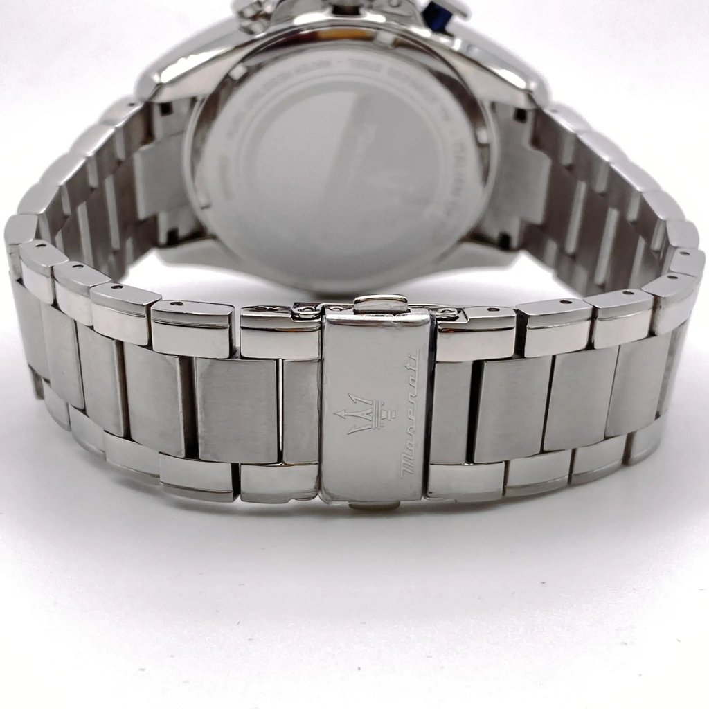 Back View Of Screwback Back Case And Closed Stainless Steel Band Of Maserati R8873612043 Watch Pre Owned Condition