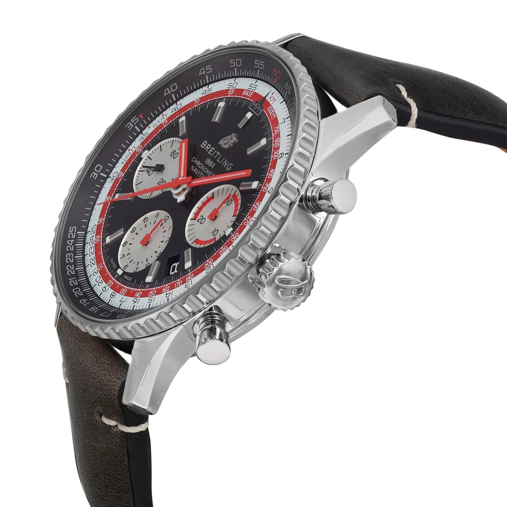 An image of a Breitling men's pilot/aviator wristwatch, displayed in a side profile view with the crown visible on the right. The watch has a round stainless steel case with a gray bezel and a black dial featuring chronograph functions, a date indicator, and luminous hands. A small seconds subdial is also present. The leather band shows some discoloration due to storage, indicating it is a display model. The watch is positioned at a slight angle to the camera, allowing a clear view of the watch's side and its details. The distance from the camera gives a close-up look without cutting off any part of the watch.