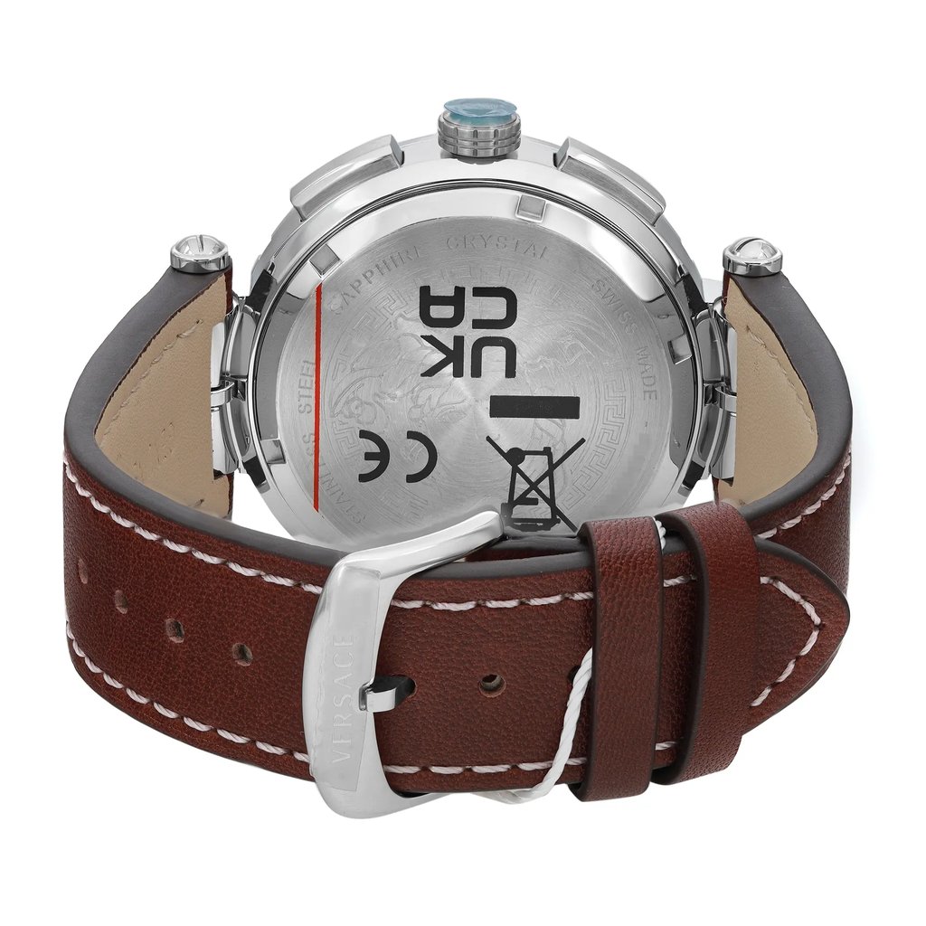 An image of a Wristwatch by Versace. This Unworn item is designed for Men, featuring a Casual style. It has a Quartz movement and an Analog display with a Blue dial color. The indices include 12-Hour Dial,Multi Dial,Stick Indexes. The band is made of Leather and the case is made of Stainless Steel. The watch has a Round shape with a case size of 45 mm and a case thickness of 13 mm.