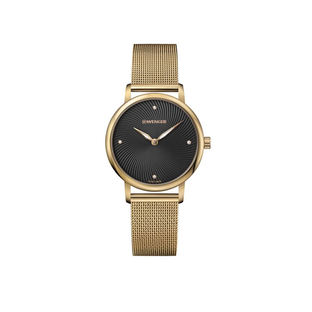 An image of a Wristwatch by Wenger. This New With Defects item is designed for Women, featuring a Dress/Formal style. It has a Quartz movement and an Analog display with a Black dial color. The indices include 12-Hour Dial,No Hour Marks. The band is made of Stainless Steel,Mesh and the case is made of Stainless Steel. The watch has a Round shape with a case size of 35 mm and a case thickness of 8 mm.