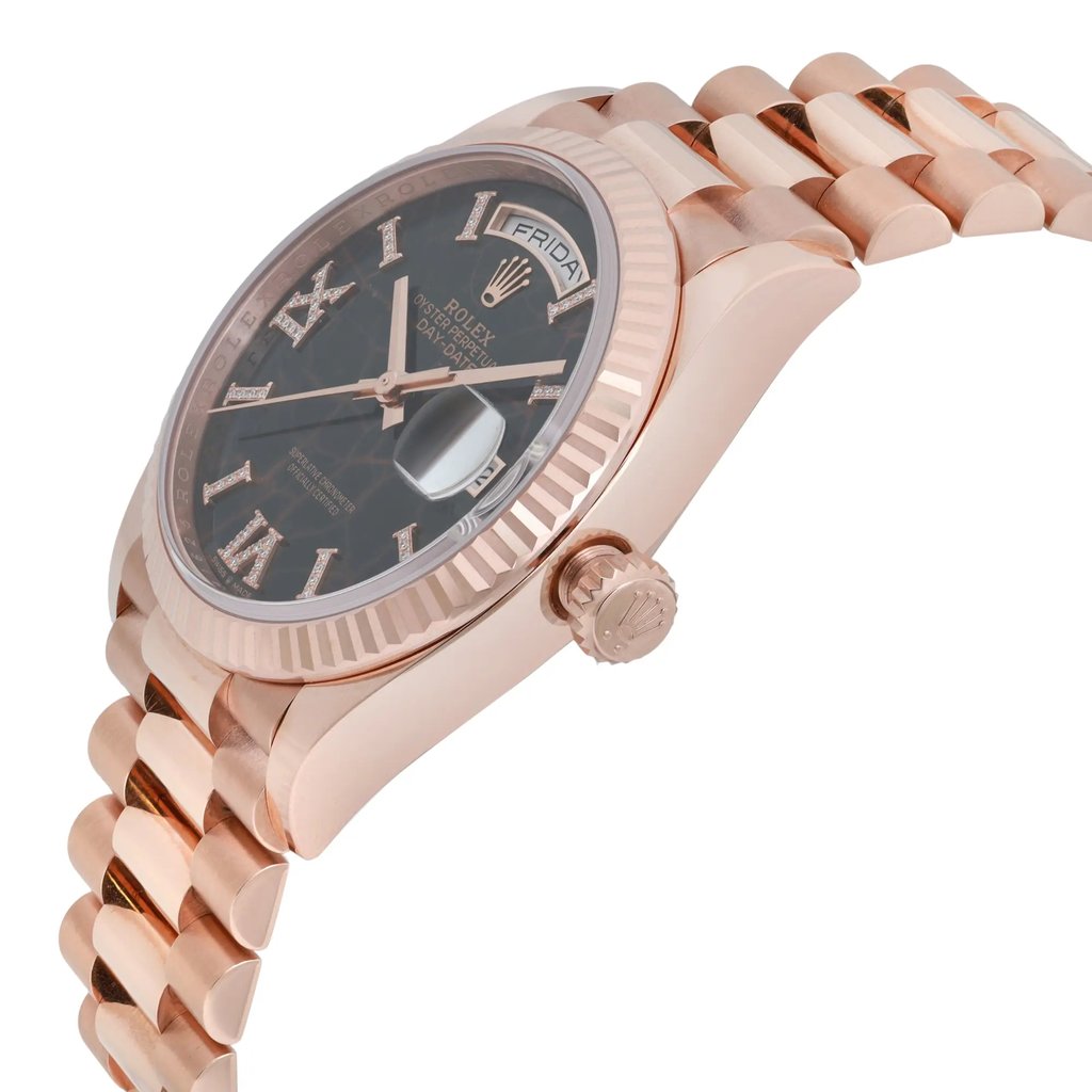 View Of Crown Facing Side Of Rolex 128235-0041 Rose Gold Plated Watch New Condition