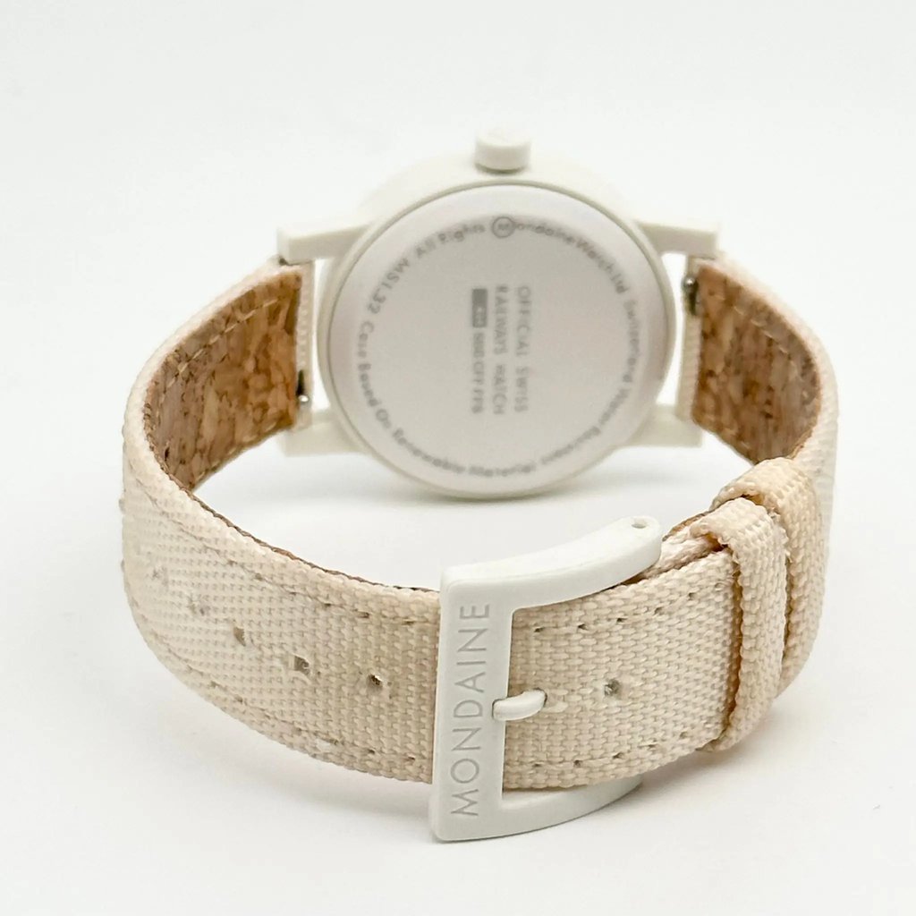 Back View Of Solid Back Case And Closed Leather Band Of Mondaine MS1.32111.LT Watch Display Model Condition