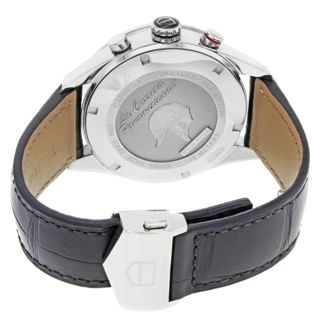 Back View Of {Caseback} Back Case And Closed Leather Band Of TAG Heuer CV1A10.FC6235 Watch Pre Owned Condition
