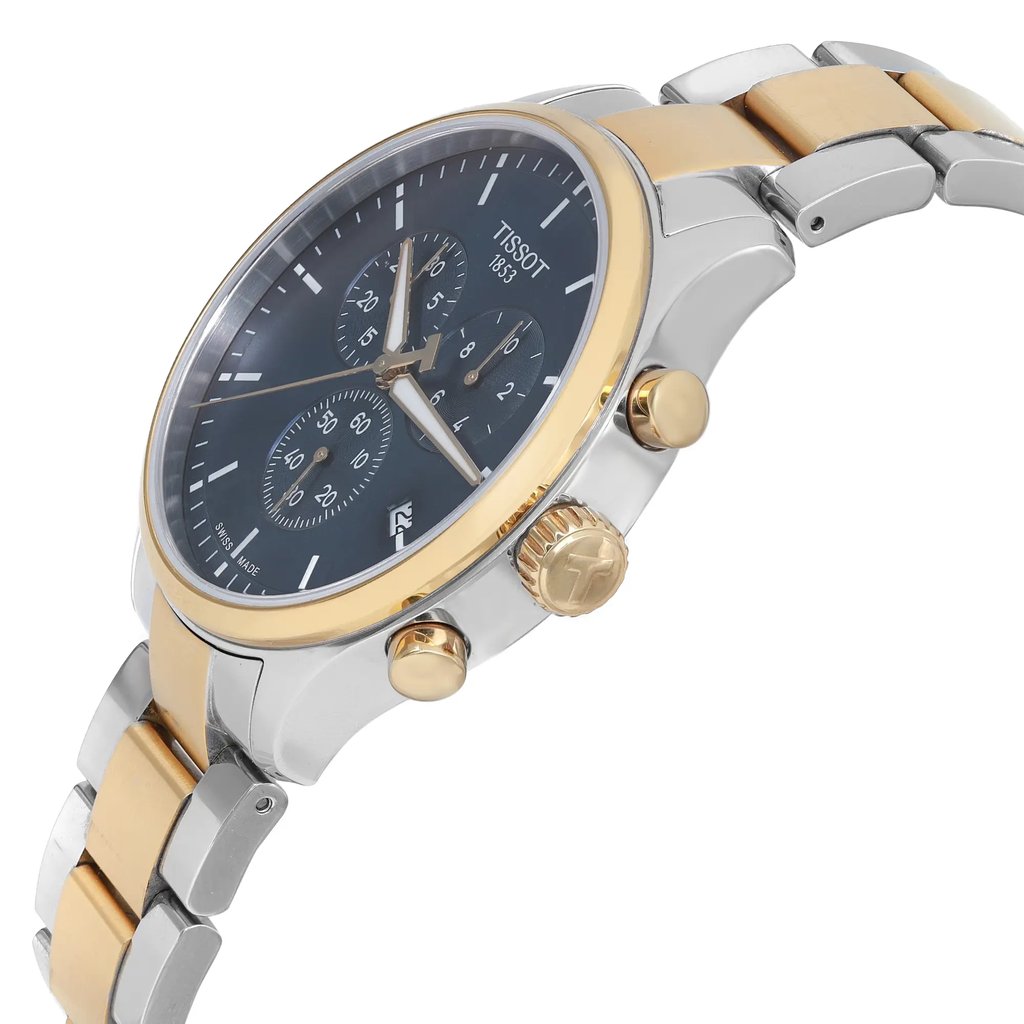 An image of a Wristwatch by Tissot. This Pre Owned item is designed for Men, featuring a Casual style. It has a Quartz movement and an Analog display with a Blue dial color. The indices include 12-Hour Dial,Stick Indexes. The band is made of Stainless Steel and the case is made of Stainless Steel. The watch has a Round shape with a case size of 45 mm and a case thickness of 11 mm.