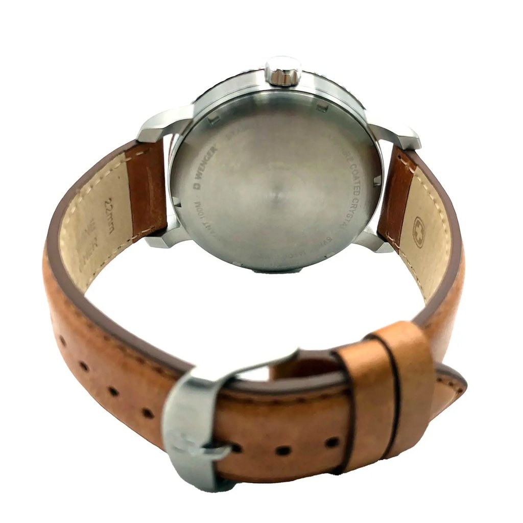 Back View Of Screwback Back Case And Closed Leather Band Of Wenger 01.1841.105 Watch Display Model Condition