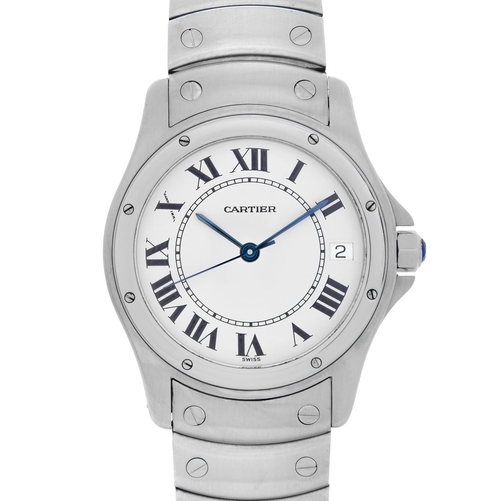 Up Close Front Facing Picture Of Cartier 1920-1 Stainless Steel Watch Pre Owned Condition