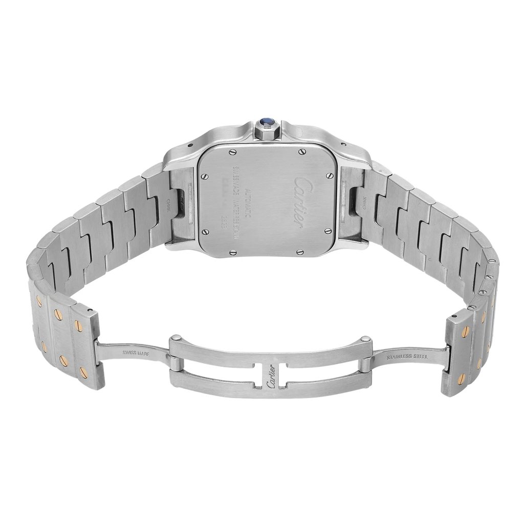 Back View Of Screwback Back Case And Open Stainless and Solid Gold Band Of Cartier W20099C4 Watch Pre Owned Condition